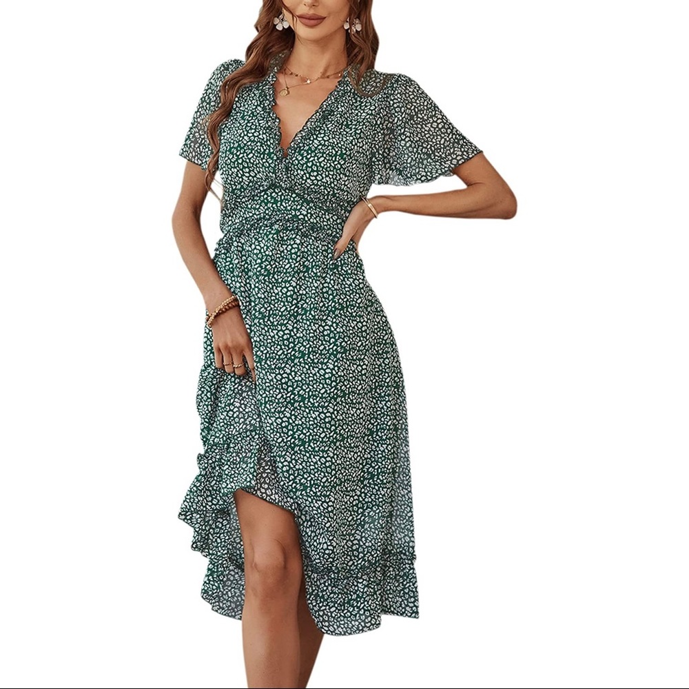 Summer Dress Long Casual Ruffle V Neck Short Sleeves Midi Dress